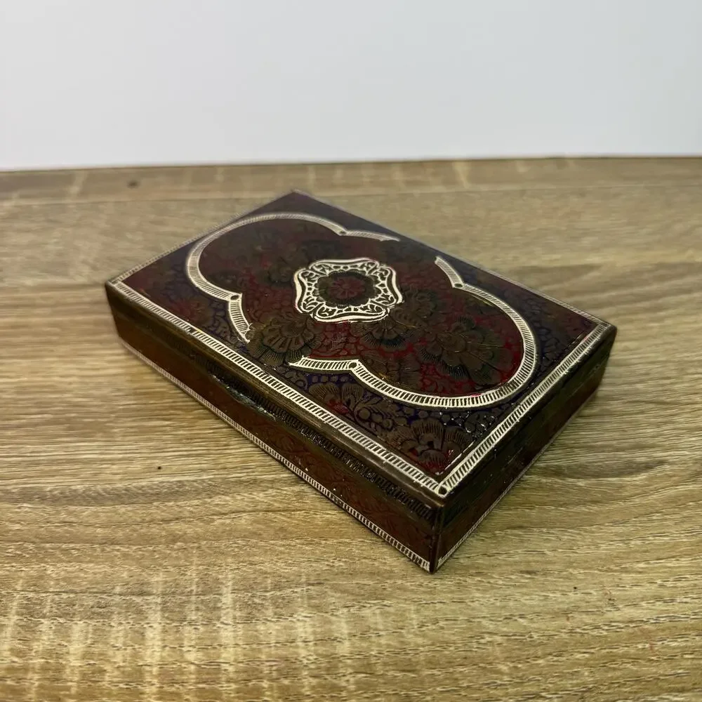 Vintage Brass Cigarette Holder Intricate Ornate Trinket Box Wood Lined